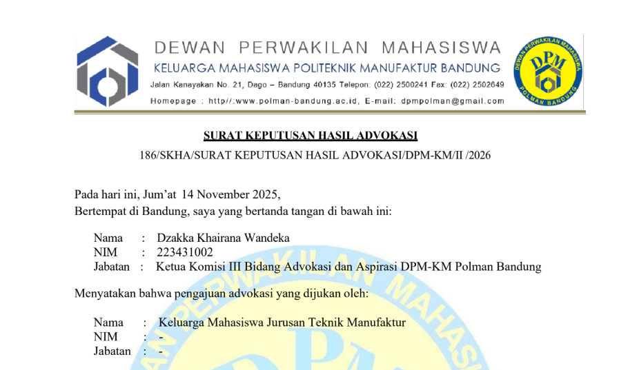 DPM-KM Polman Bandung Rilis Hasil Advokasi RDP: Sinergikan Aspirasi Mahasiswa dan Kebijakan Jurusan Teknik Manufaktur